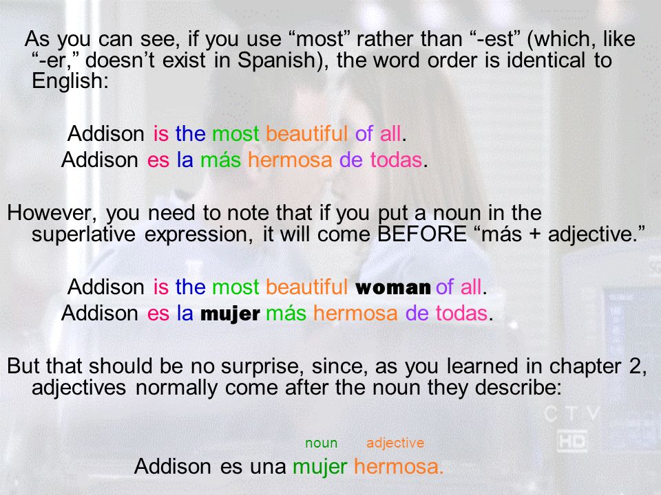 As you can see, if you use most rather than -est (which, like -er, doesn’t exist in Spanish), the word order is identical to English: