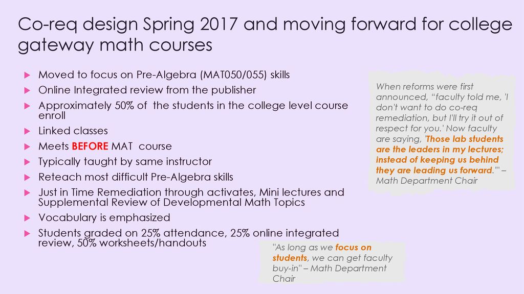 Co-req design Spring 2017 and moving forward for college gateway math courses