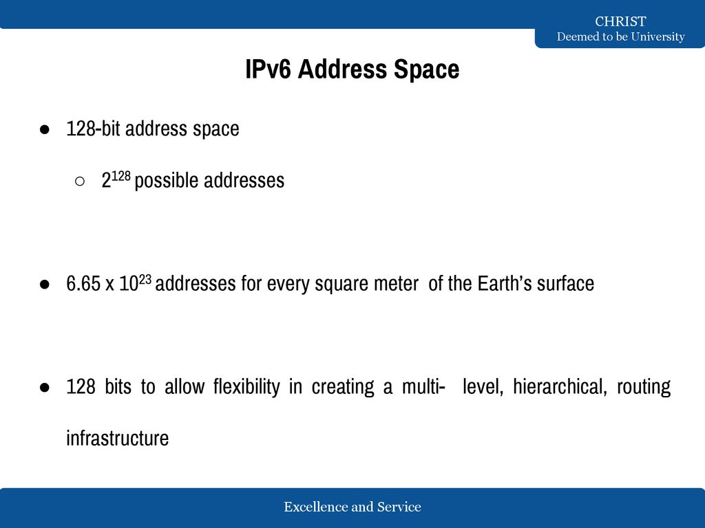 IPv6 Address Space 128-bit address space 2128 possible addresses