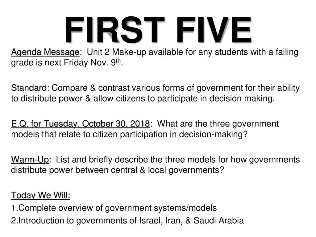 FIRST FIVE Agenda Message: Unit 2 Make-up available for any students with a failing grade is next Friday Nov. 9th.