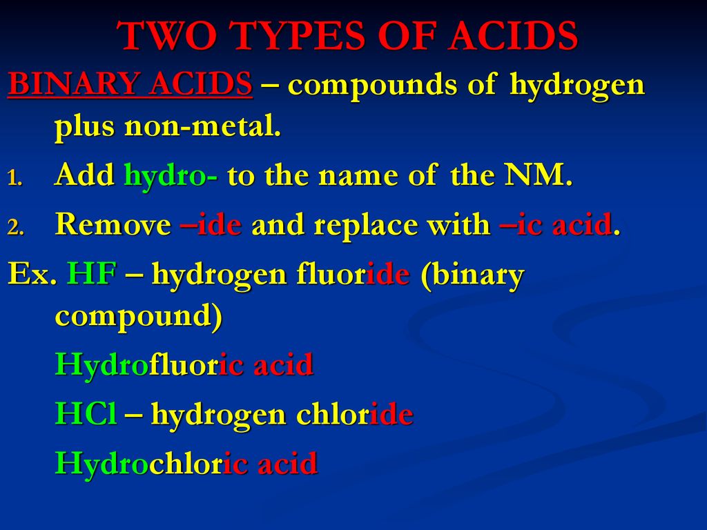 TWO TYPES OF ACIDS BINARY ACIDS – compounds of hydrogen plus non-metal. Add hydro- to the name of the NM.