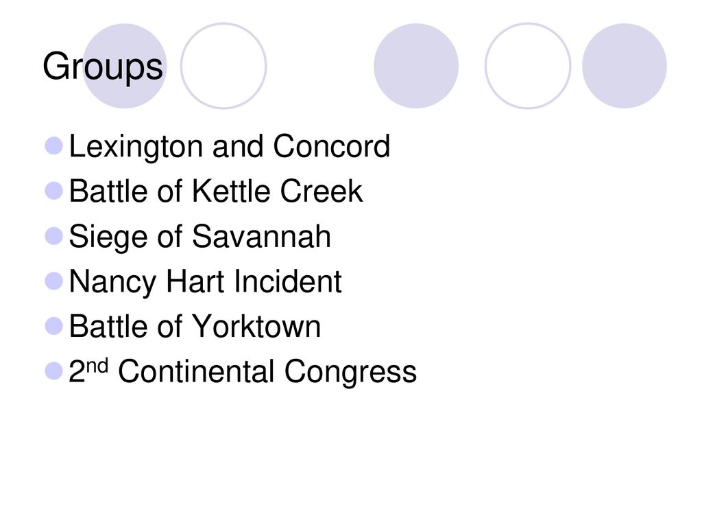 Groups Lexington and Concord Battle of Kettle Creek Siege of Savannah