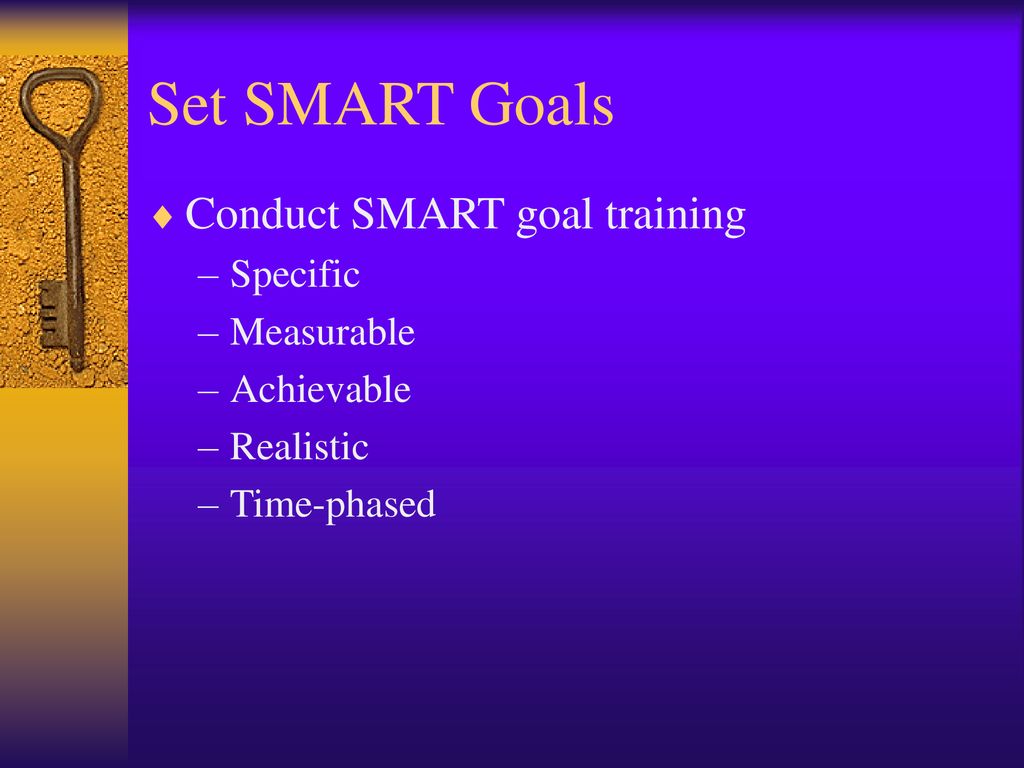 Set SMART Goals Conduct SMART goal training Specific Measurable