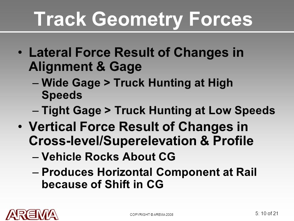 Track Geometry Forces Lateral Force Result of Changes in Alignment & Gage. Wide Gage > Truck Hunting at High Speeds.