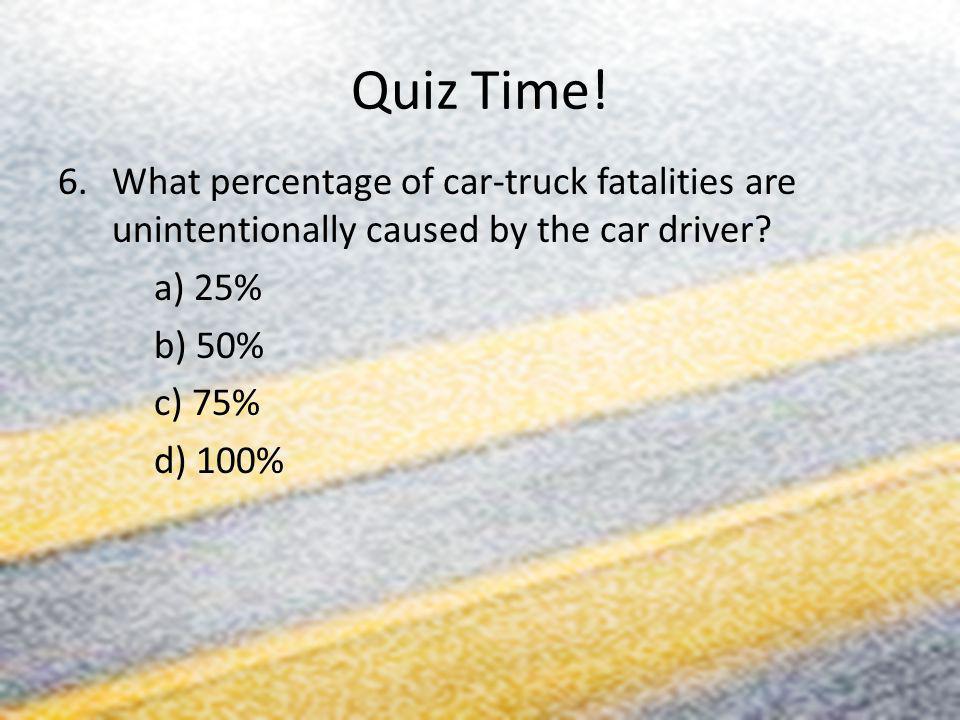 Quiz Time! What percentage of car-truck fatalities are unintentionally caused by the car driver a) 25%