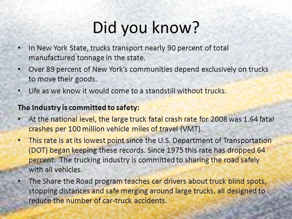 Did you know In New York State, trucks transport nearly 90 percent of total manufactured tonnage in the state.