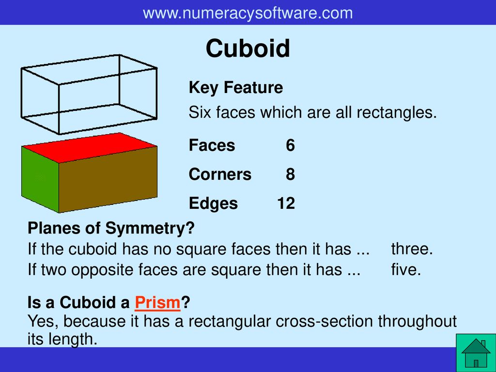 Cuboid Key Feature Six faces which are all rectangles. Faces 6 Corners