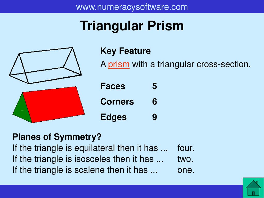 Triangular Prism Key Feature A prism with a triangular cross-section.