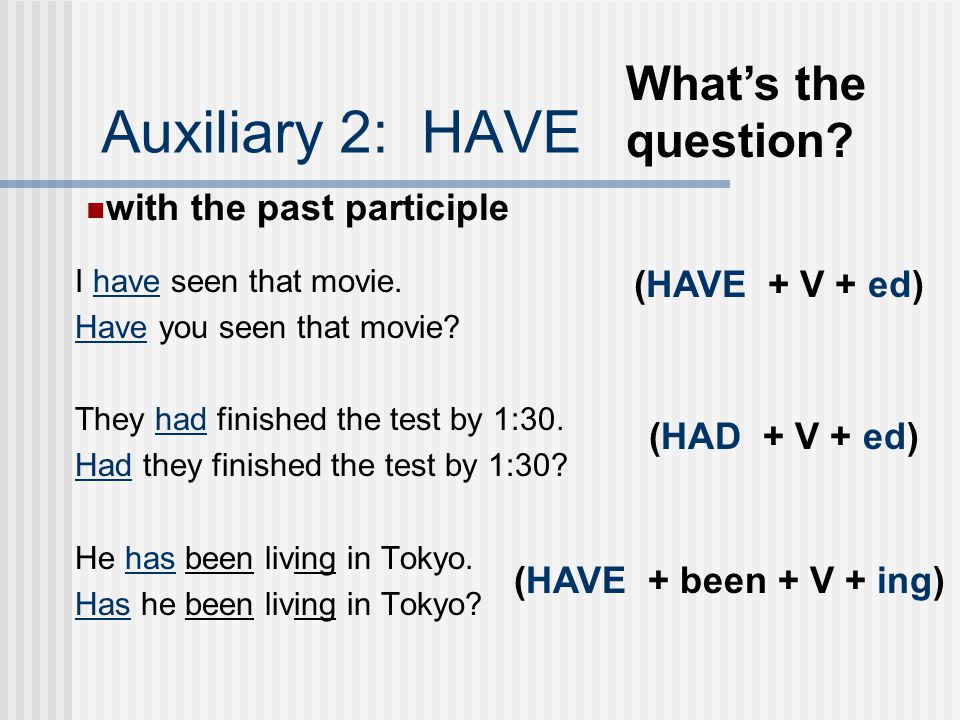 Auxiliary 2: HAVE What’s the question with the past participle
