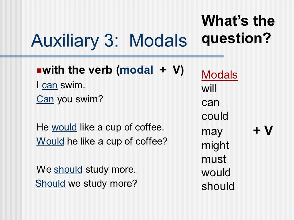 Auxiliary 3: Modals What’s the question with the verb (modal + V)