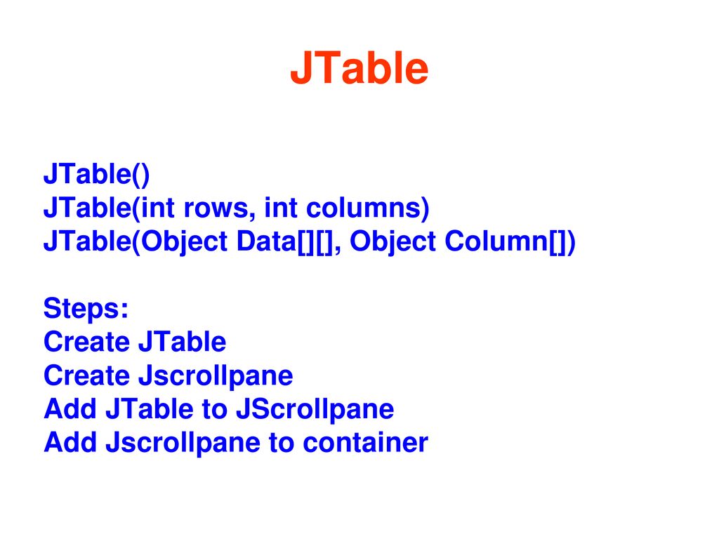 JTable JTable() JTable(int rows, int columns)