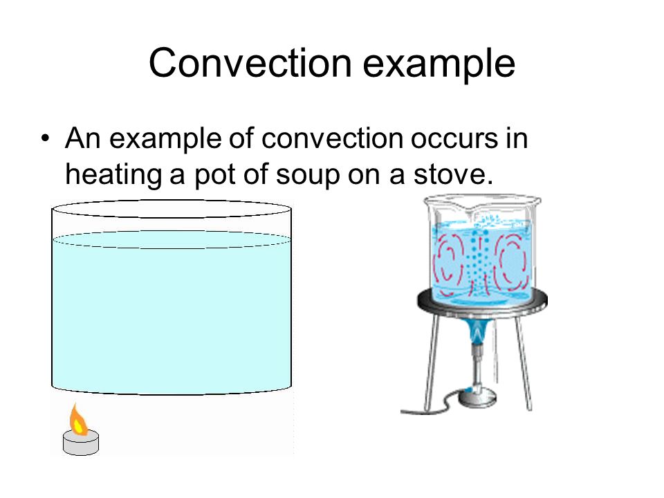 Convection example An example of convection occurs in heating a pot of soup on a stove.