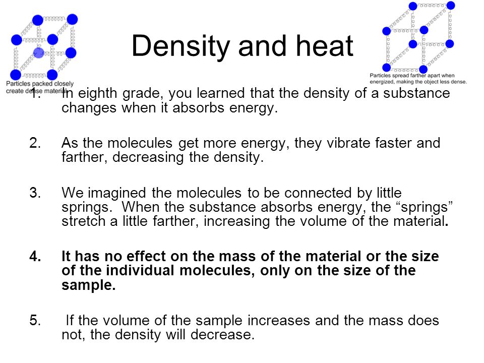 Density and heat In eighth grade, you learned that the density of a substance changes when it absorbs energy.