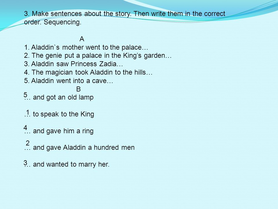 3. Make sentences about the story. Then write them in the correct order. Sequencing.