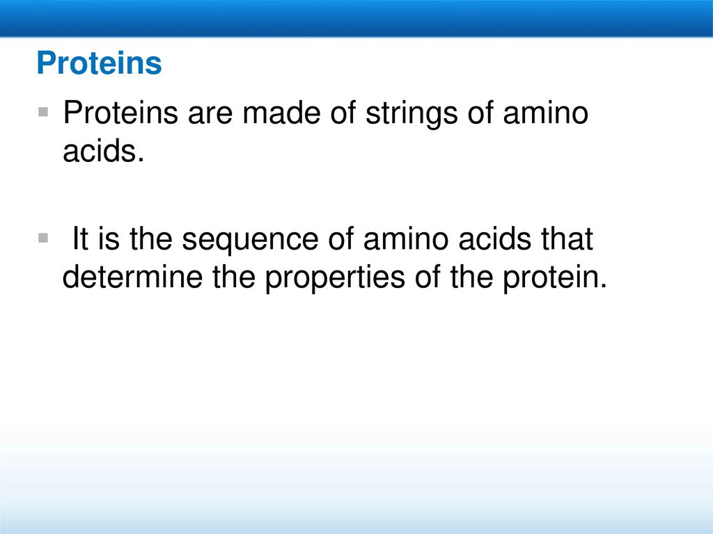 Proteins Proteins are made of strings of amino acids.