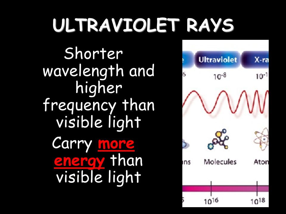 ULTRAVIOLET RAYS Shorter wavelength and higher frequency than visible light.