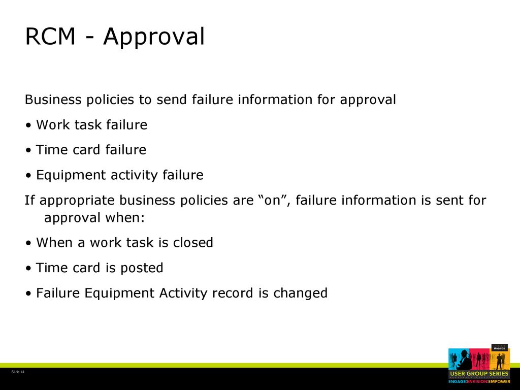 RCM - Approval Business policies to send failure information for approval. Work task failure. Time card failure.