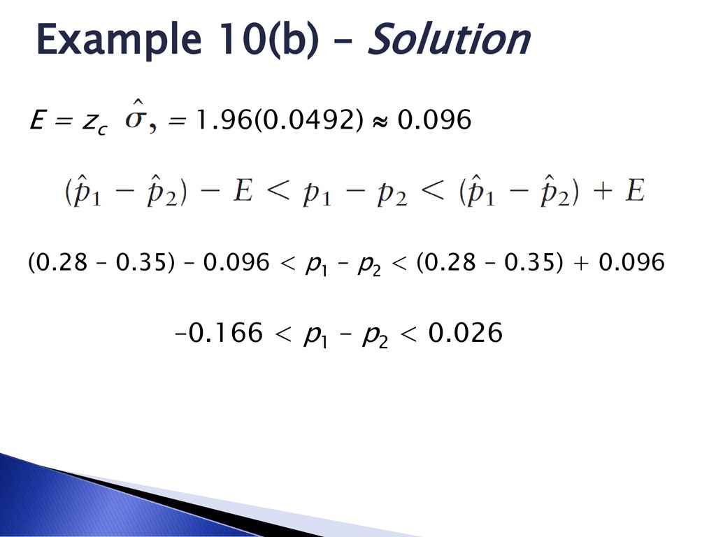 Example 10(b) – Solution E = zc = 1.96(0.0492)  0.096