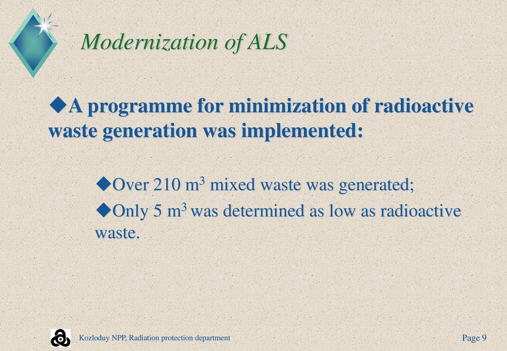 Modernization of ALS A programme for minimization of radioactive waste generation was implemented: Over 210 m3 mixed waste was generated;