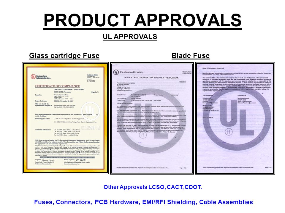 PRODUCT APPROVALS UL APPROVALS Glass cartridge Fuse Blade Fuse