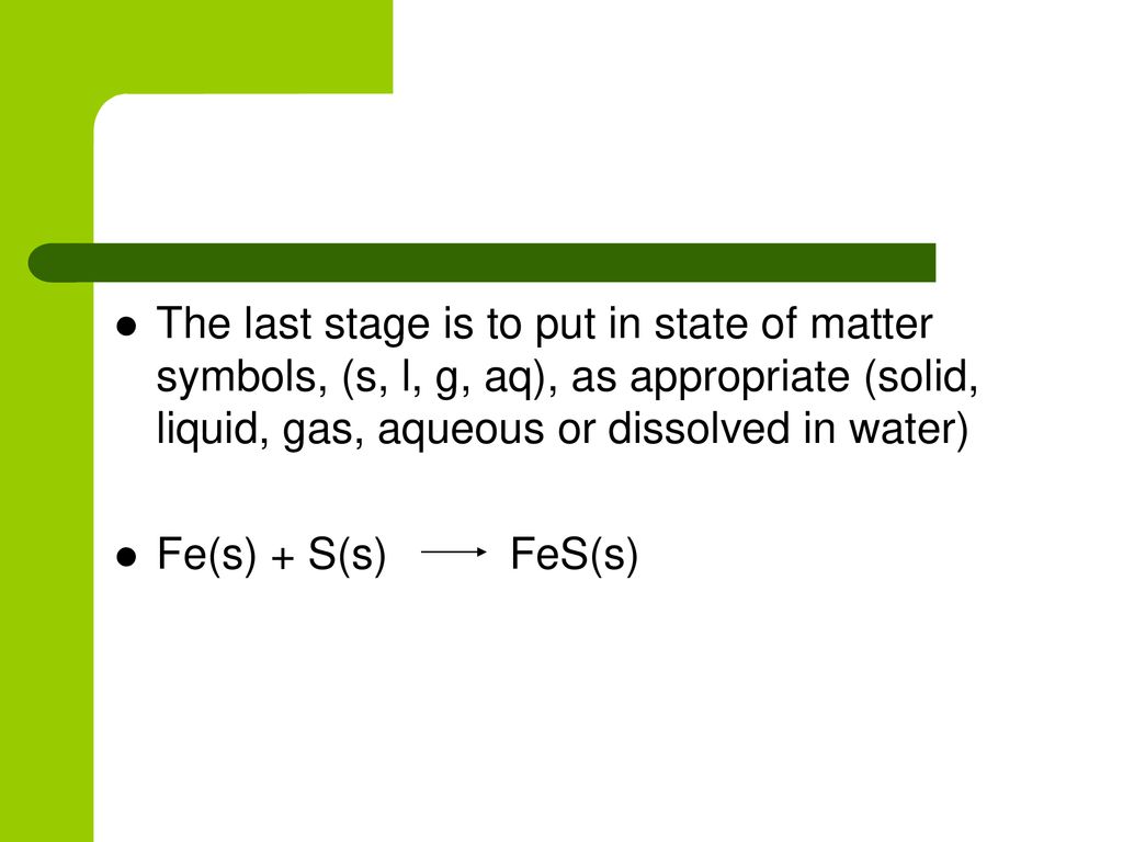 The last stage is to put in state of matter symbols, (s, l, g, aq), as appropriate (solid, liquid, gas, aqueous or dissolved in water)