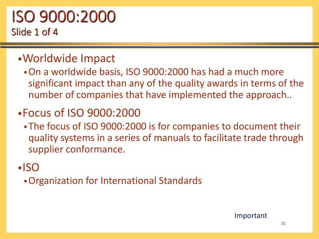 ISO 9000:2000 Slide 1 of 4 Worldwide Impact Focus of ISO 9000:2000 ISO