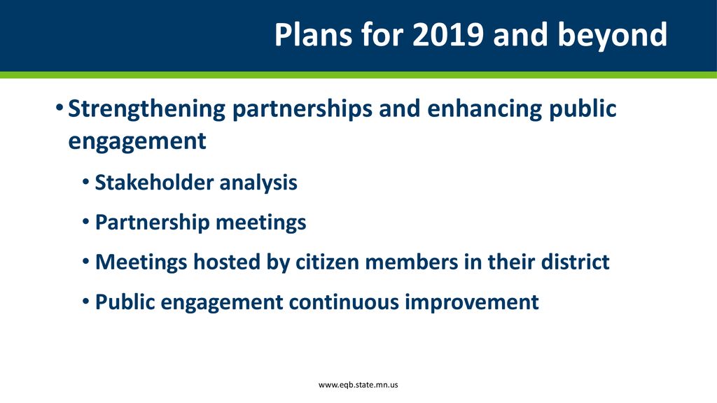 Plans for 2019 and beyond Strengthening partnerships and enhancing public engagement. Stakeholder analysis.