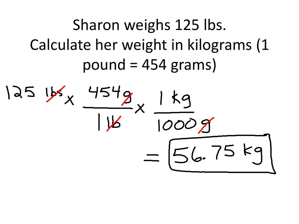Sharon weighs 125 lbs. Calculate her weight in kilograms (1 pound = 454 grams)