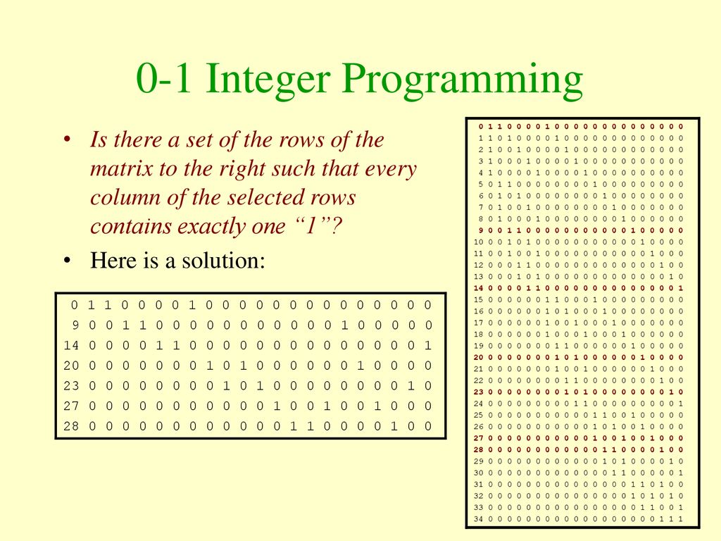 0-1 Integer Programming Is there a set of the rows of the matrix to the right such that every column of the selected rows contains exactly one 1