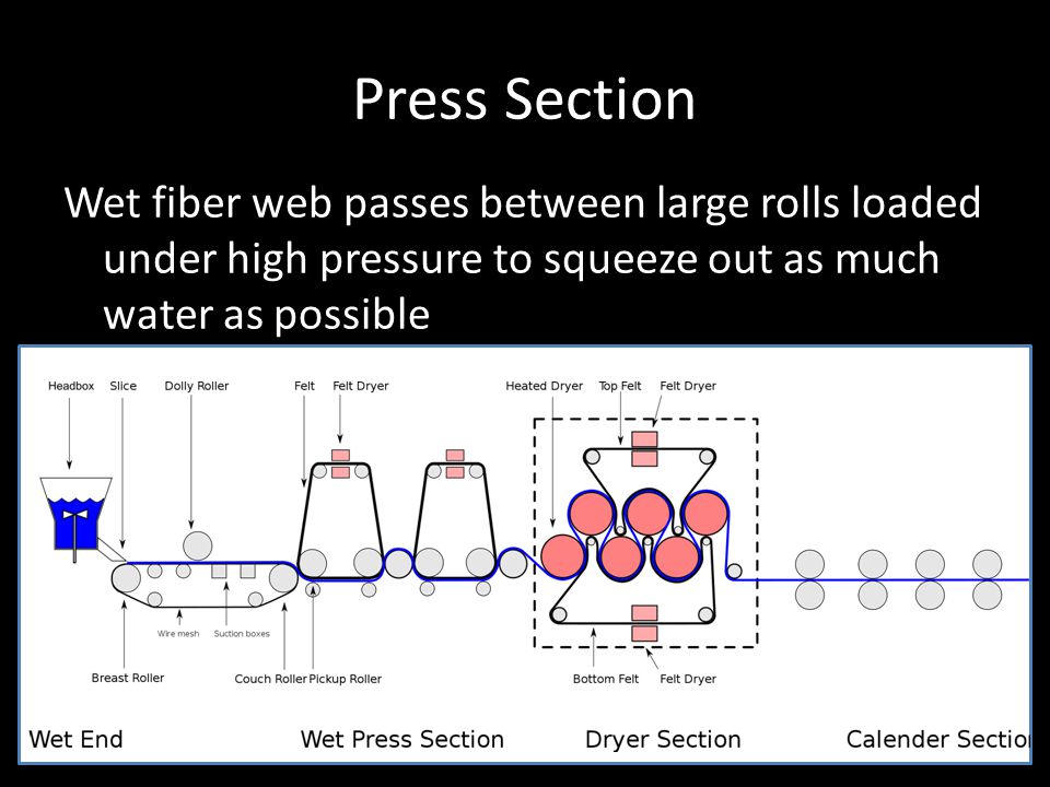 Press Section Wet fiber web passes between large rolls loaded under high pressure to squeeze out as much water as possible.