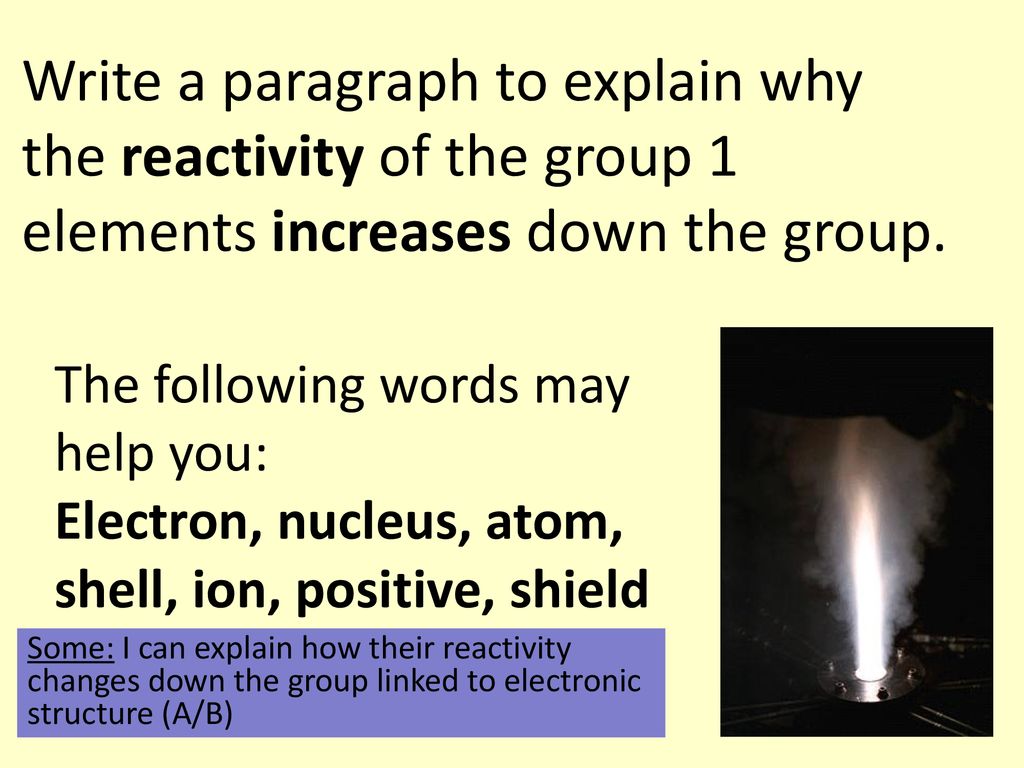 Write a paragraph to explain why the reactivity of the group 1 elements increases down the group.