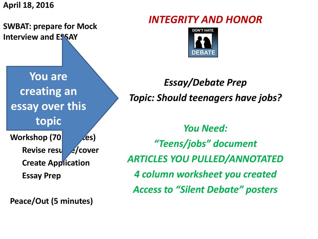 April 18, 2016 SWBAT: prepare for Mock Interview and ESSAY