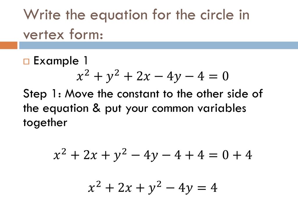 Writing equations of circles in vertex form - ppt download