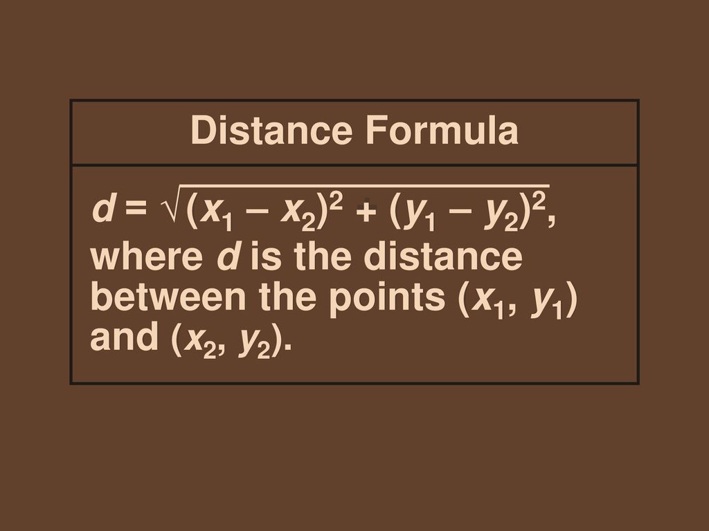 Distance Formula D X1 X2 2 Y1 Y2 2 Where D Is The Distance Between The Points X1 Y1 And X2 Y2 Ppt Download