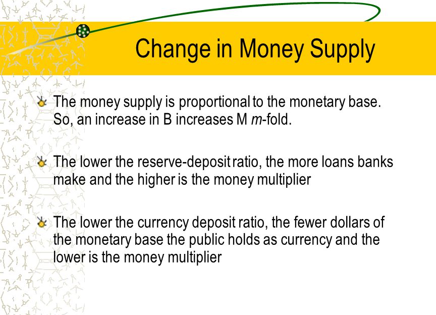 Change in Money Supply The money supply is proportional to the monetary base. So, an increase in B increases M m-fold.