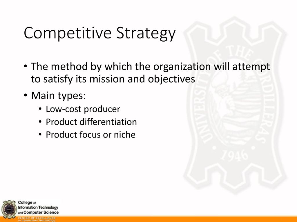 Competitive Strategy The method by which the organization will attempt to satisfy its mission and objectives.