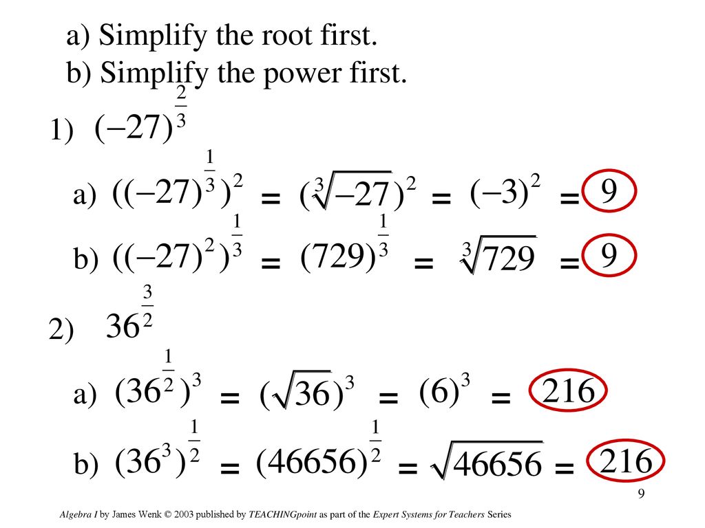 = = = = = = = = = = = = a) Simplify the root first.