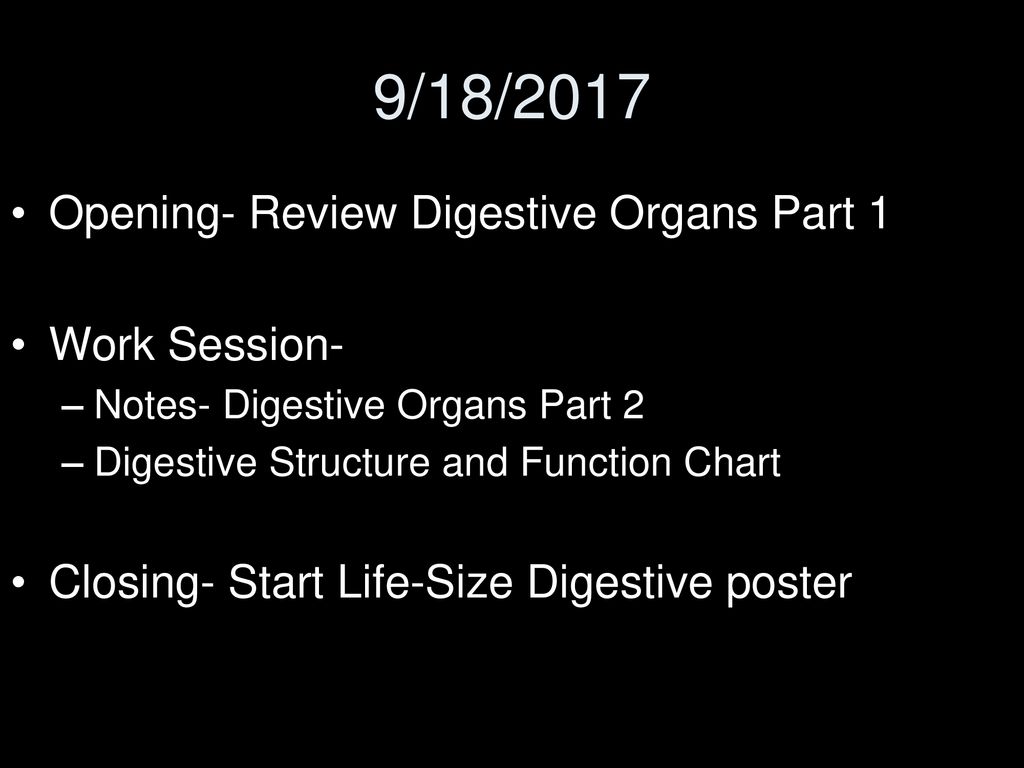 9/18/2017 Opening- Review Digestive Organs Part 1 Work Session-