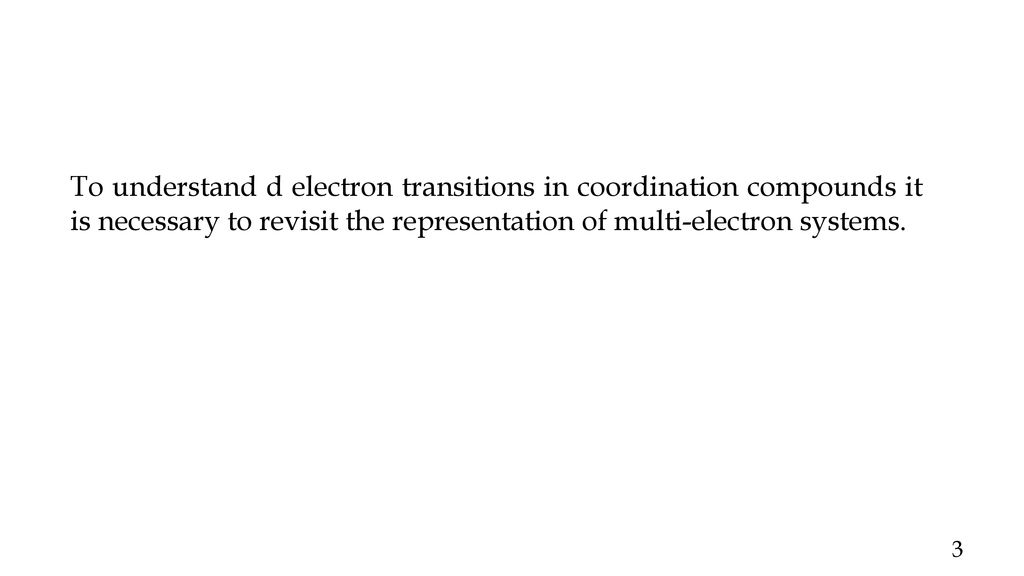 To understand d electron transitions in coordination compounds it is necessary to revisit the representation of multi-electron systems.
