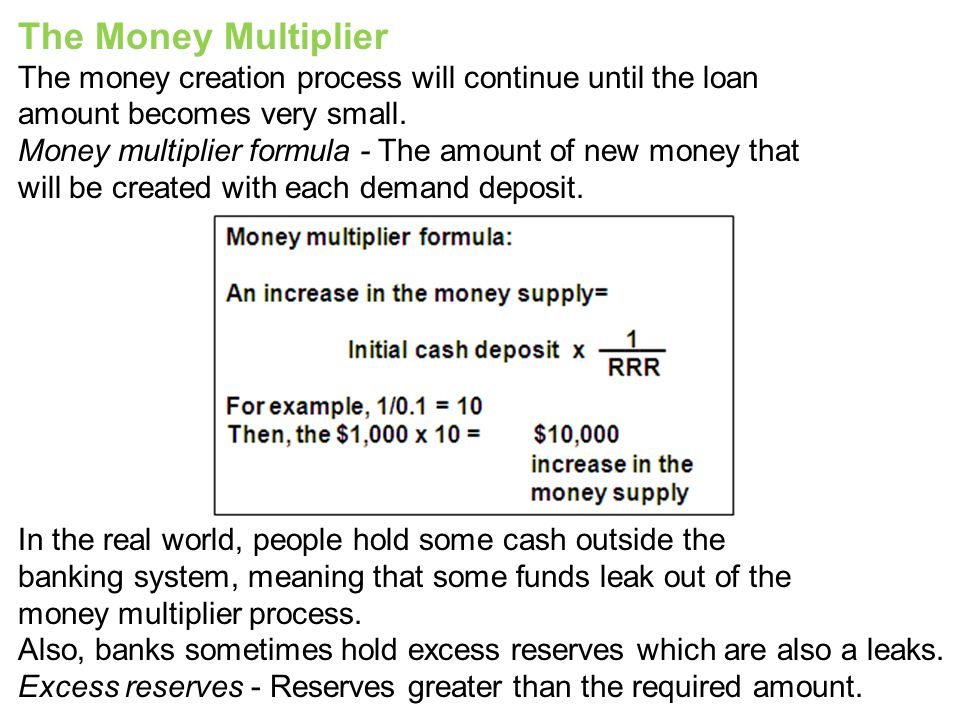 The Money Multiplier The money creation process will continue until the loan. amount becomes very small.