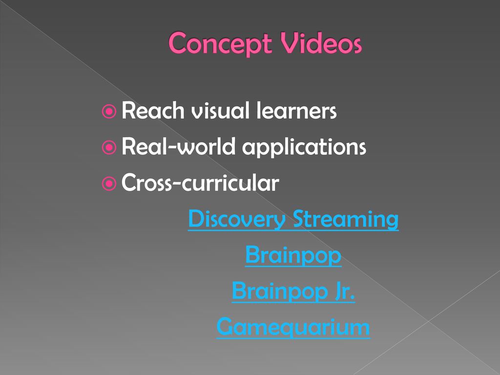 Concept Videos Reach visual learners Real-world applications
