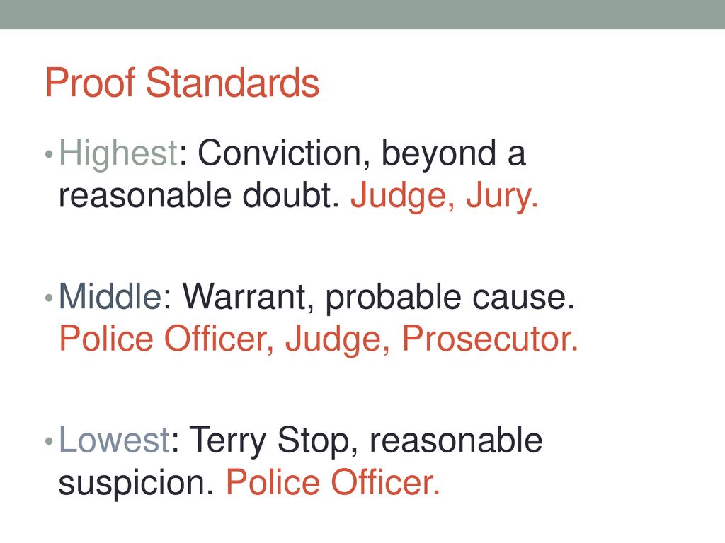 Proof Standards Highest: Conviction, beyond a reasonable doubt. Judge, Jury. Middle: Warrant, probable cause. Police Officer, Judge, Prosecutor.