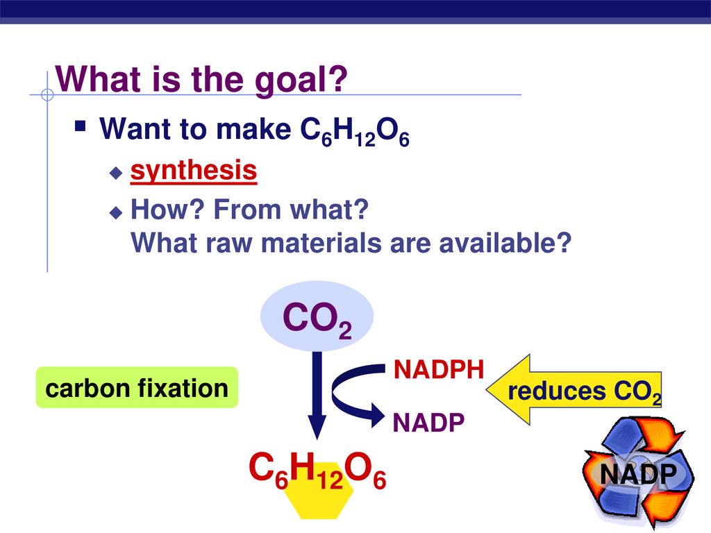 CO2 C6H12O6 What is the goal Want to make C6H12O6 synthesis
