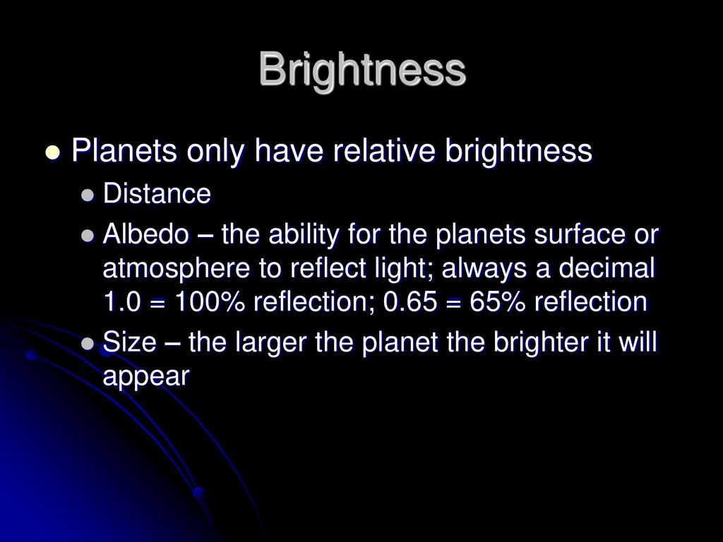 Brightness Planets only have relative brightness Distance