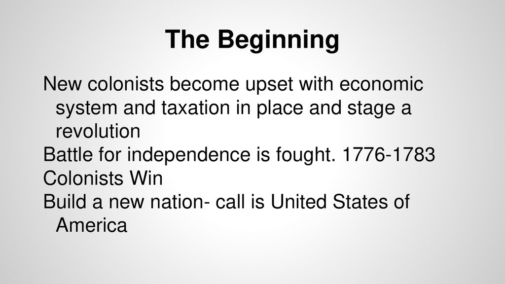 The Beginning New colonists become upset with economic system and taxation in place and stage a revolution.