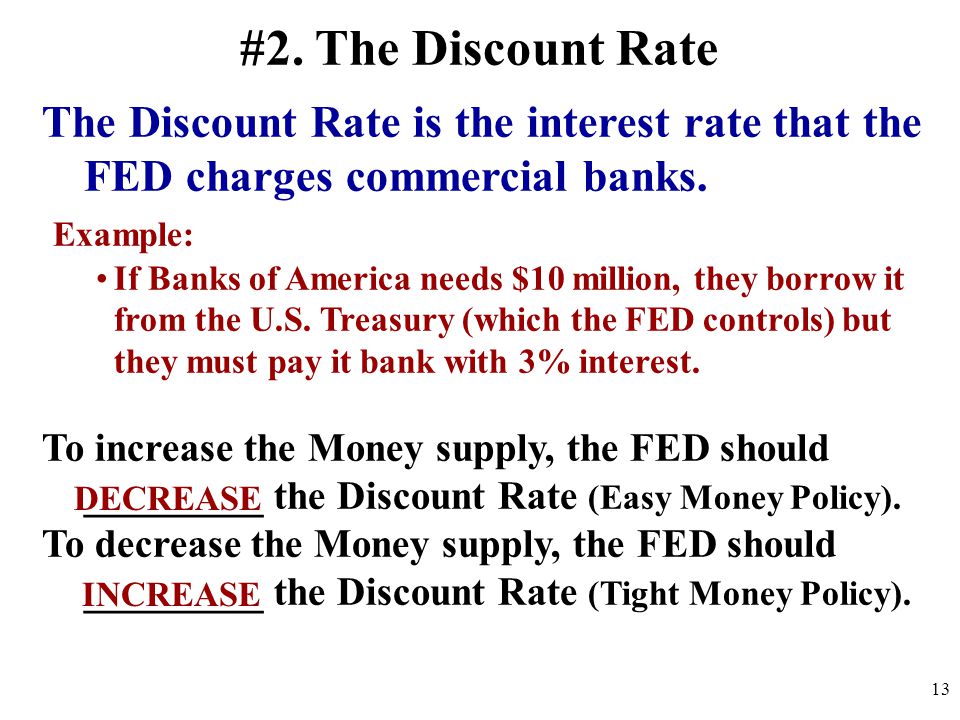 #2. The Discount Rate The Discount Rate is the interest rate that the FED charges commercial banks.