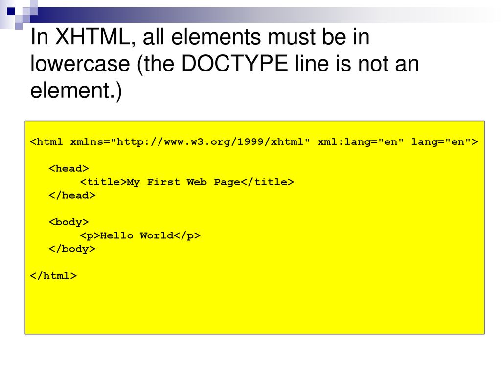 In XHTML, all elements must be in lowercase (the DOCTYPE line is not an element.)