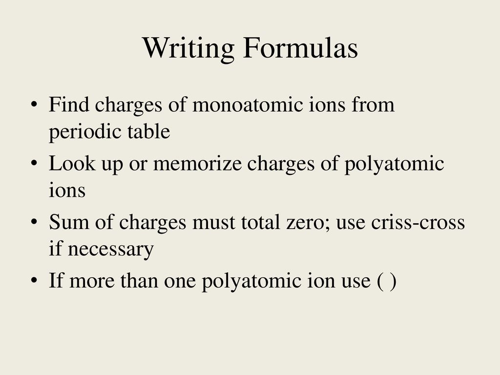 Writing Formulas Find charges of monoatomic ions from periodic table