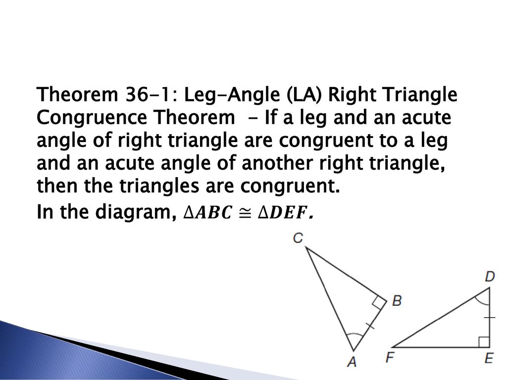 Right Triangle Congruence Theorems - ppt download