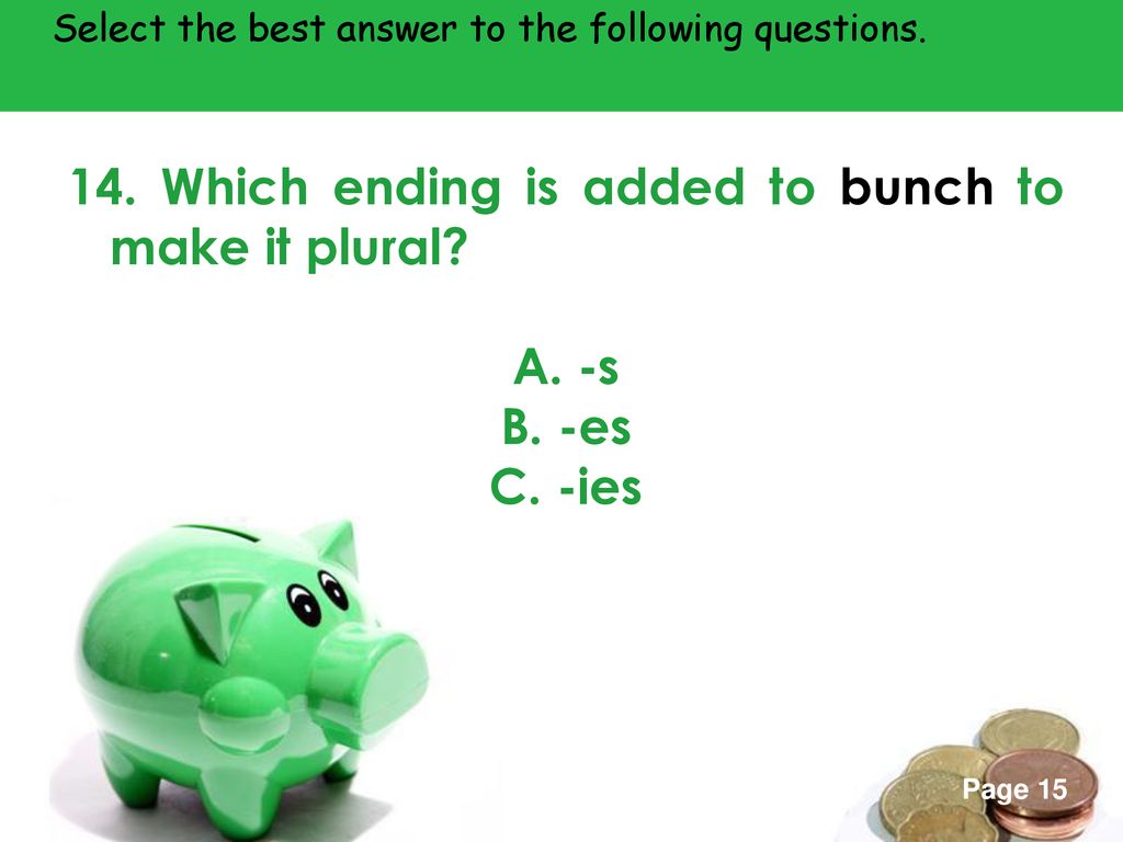 14. Which ending is added to bunch to make it plural
